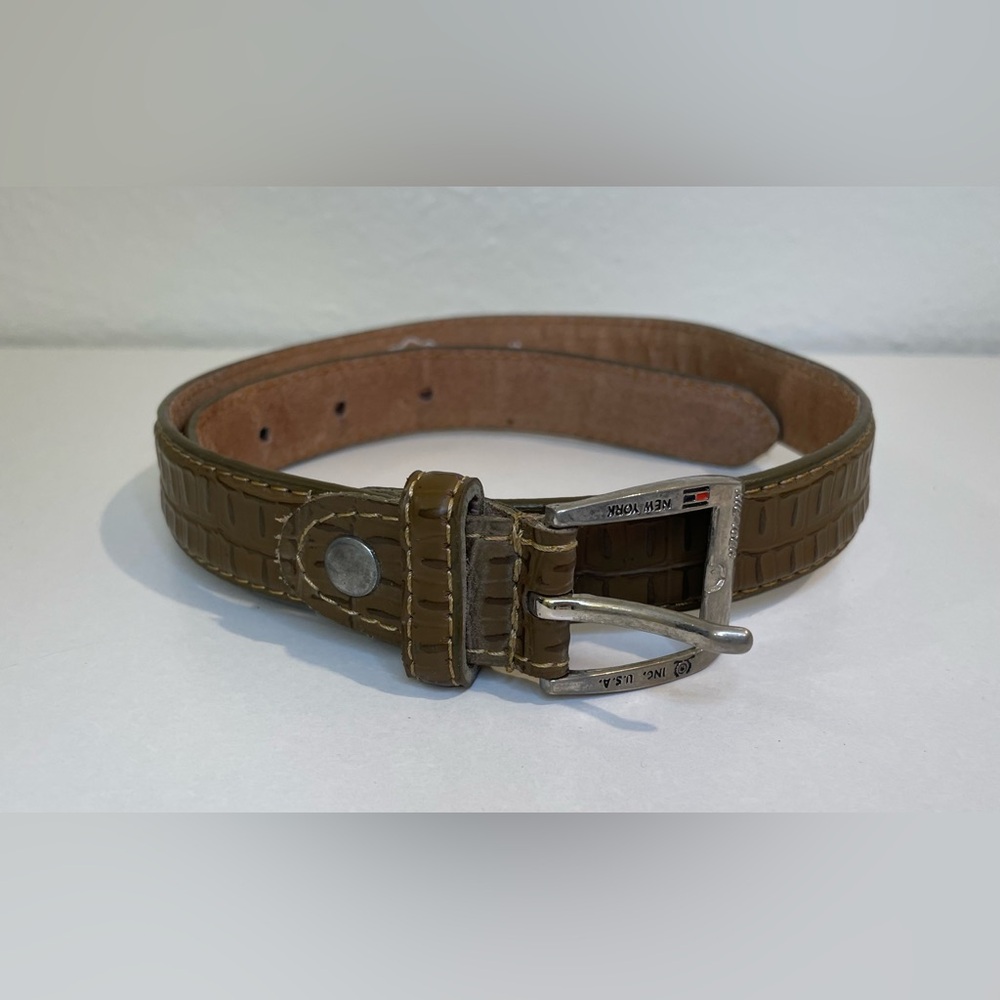 Vintage Tommy Hilfiger Square Buckle Croco-Print Leather‎ Belt Size XS (24”)